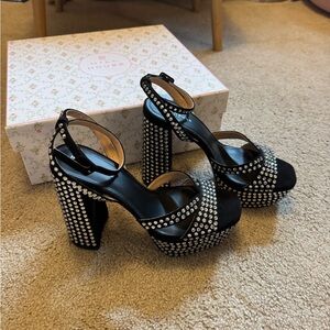 NIB Hill House Party Platform black suede rhinestone heels sz 38.5